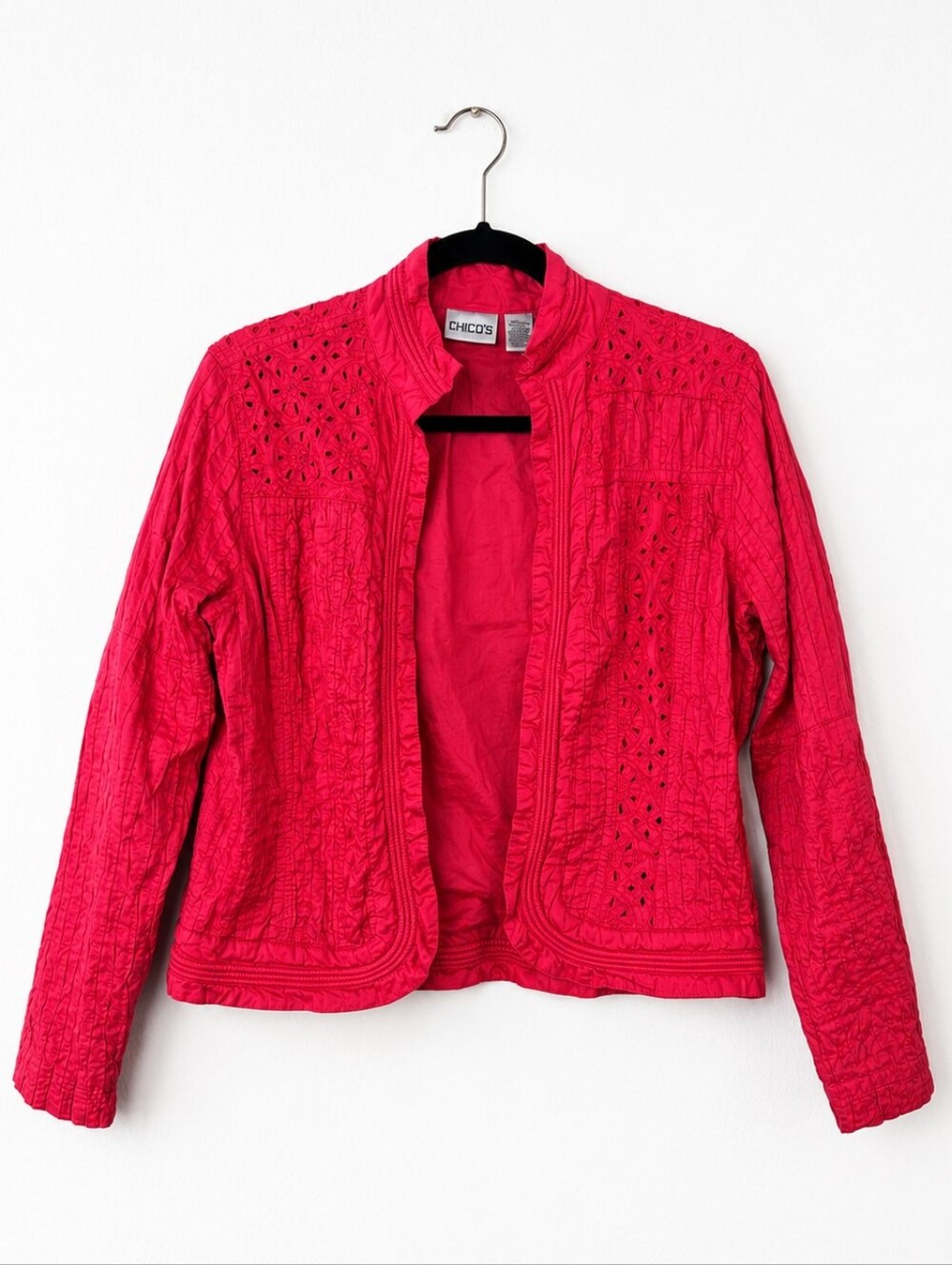 Chico's 100% Cotton Eyelet Quilted Jacket Pink Boho Cottagecore Size 1 Medium